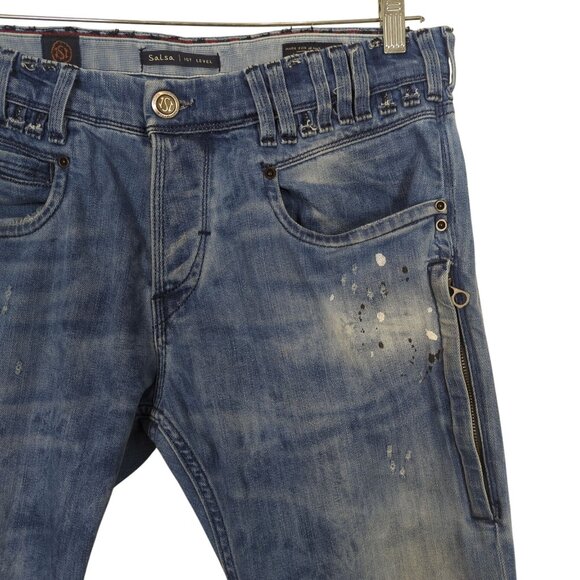 Salsa Jeans Men’s W33 L32 Blue Distressed Paint Splatter Slim Fit Button Fly - Picture 7 of 16